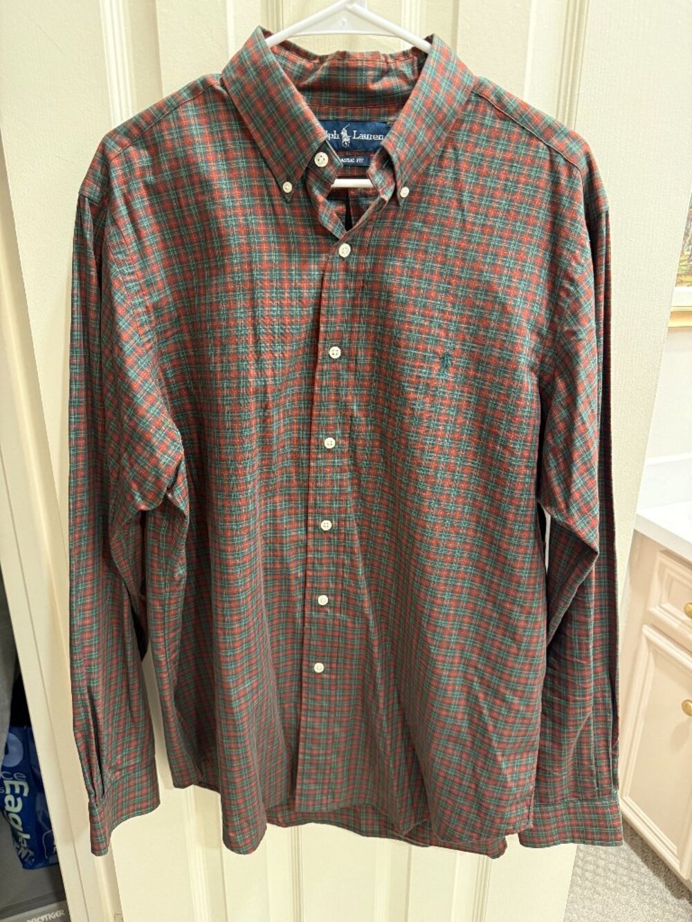 Polo Ralph Lauren Men's Large Classic Fit Green Rust Plaid Button Down Shirt